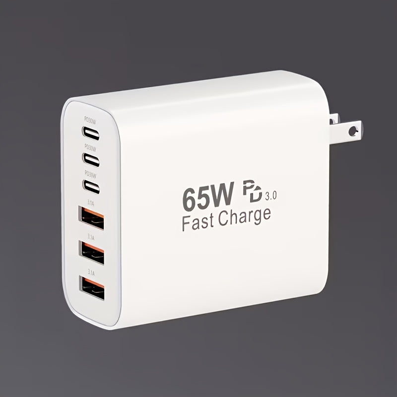 65W Type-C Fast Charging Power Adapter, PD USB-C + QC Multi-Port Wall Charger with 6 Interfaces, Compatible with iPhone iPad Galaxy Xiaomi Huawei, Ideal for Home Office Travel, Perfect Holiday Gift