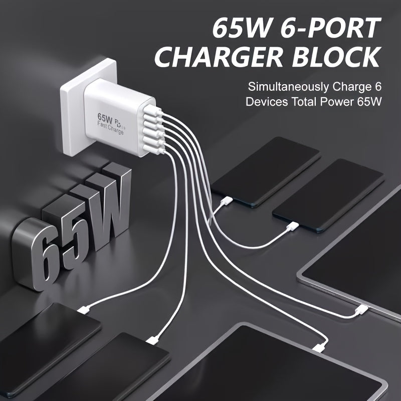65W Type-C Fast Charging Power Adapter, PD USB-C + QC Multi-Port Wall Charger with 6 Interfaces, Compatible with iPhone iPad Galaxy Xiaomi Huawei, Ideal for Home Office Travel, Perfect Holiday Gift
