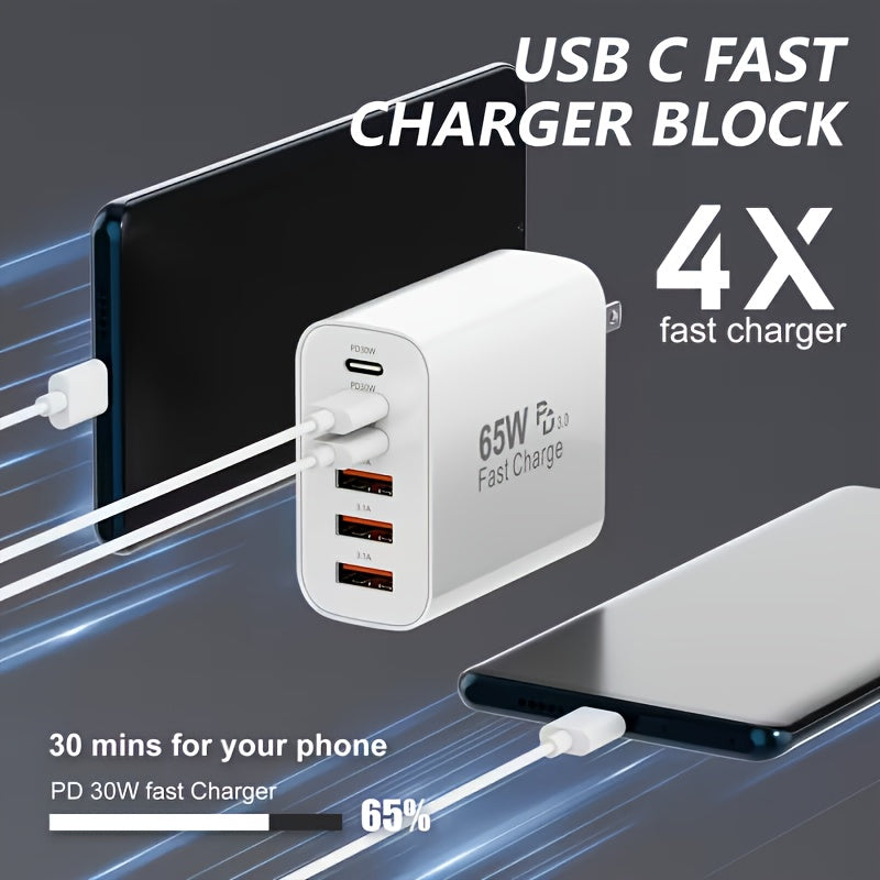 65W Type-C Fast Charging Power Adapter, PD USB-C + QC Multi-Port Wall Charger with 6 Interfaces, Compatible with iPhone iPad Galaxy Xiaomi Huawei, Ideal for Home Office Travel, Perfect Holiday Gift