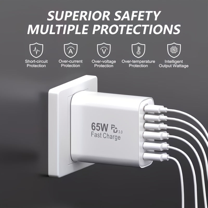 65W Type-C Fast Charging Power Adapter, PD USB-C + QC Multi-Port Wall Charger with 6 Interfaces, Compatible with iPhone iPad Galaxy Xiaomi Huawei, Ideal for Home Office Travel, Perfect Holiday Gift