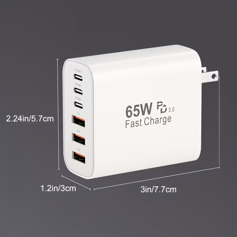 65W Type-C Fast Charging Power Adapter, PD USB-C + QC Multi-Port Wall Charger with 6 Interfaces, Compatible with iPhone iPad Galaxy Xiaomi Huawei, Ideal for Home Office Travel, Perfect Holiday Gift