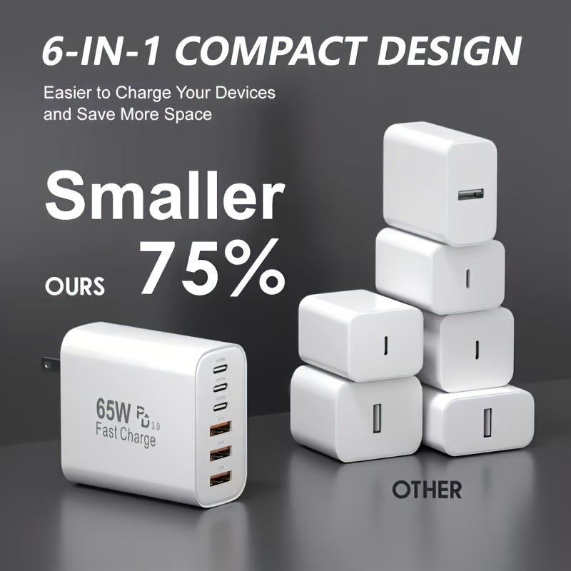 65W Type-C Fast Charging Power Adapter, PD USB-C + QC Multi-Port Wall Charger with 6 Interfaces, Compatible with iPhone iPad Galaxy Xiaomi Huawei, Ideal for Home Office Travel, Perfect Holiday Gift