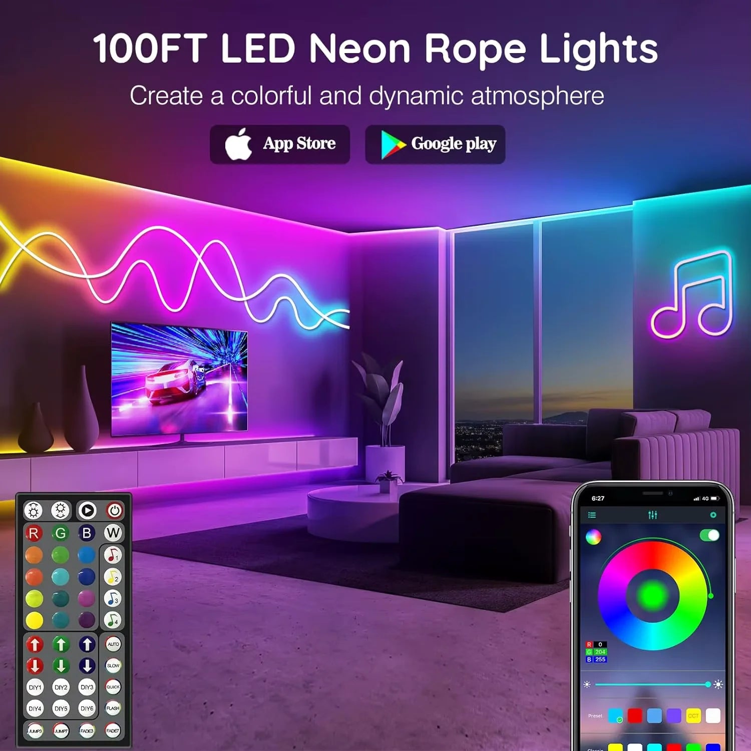 1M/10M RGB Neon Light Strip with APP &Remote, Color Change Waterproof Music Sync Mode for Bedroom Room Outdoors Decro