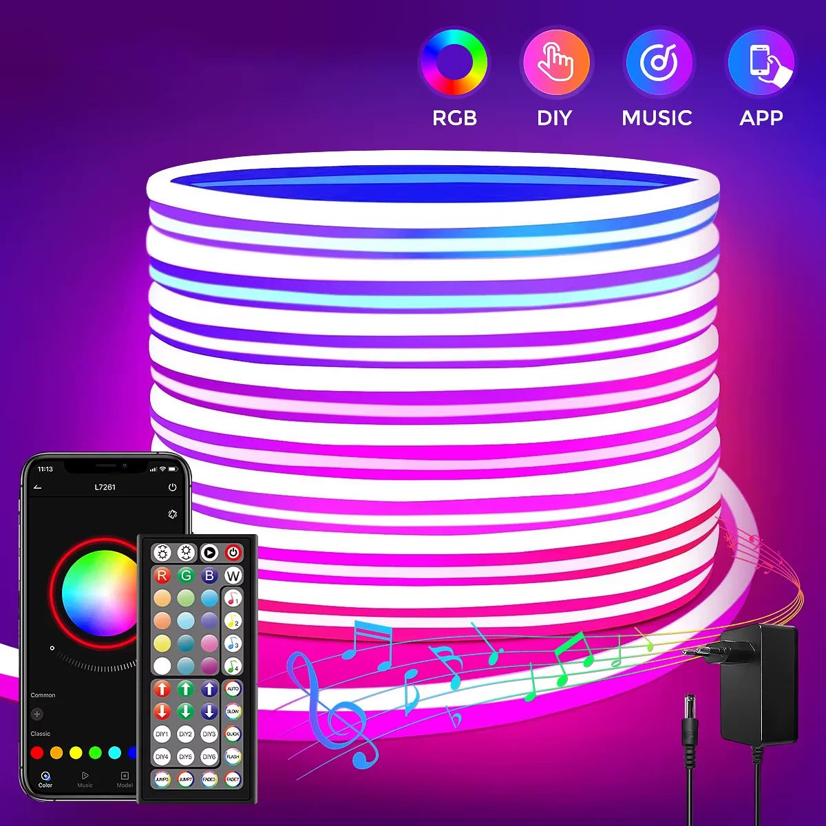 1M/10M RGB Neon Light Strip with APP &Remote, Color Change Waterproof Music Sync Mode for Bedroom Room Outdoors Decro