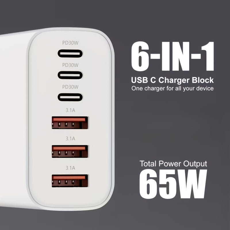 65W Type-C Fast Charging Power Adapter, PD USB-C + QC Multi-Port Wall Charger with 6 Interfaces, Compatible with iPhone iPad Galaxy Xiaomi Huawei, Ideal for Home Office Travel, Perfect Holiday Gift