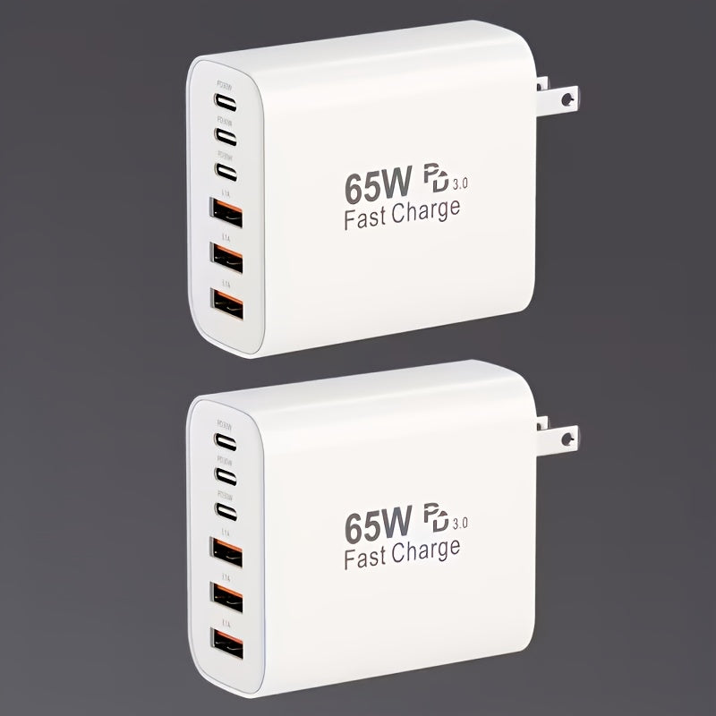 65W Type-C Fast Charging Power Adapter, PD USB-C + QC Multi-Port Wall Charger with 6 Interfaces, Compatible with iPhone iPad Galaxy Xiaomi Huawei, Ideal for Home Office Travel, Perfect Holiday Gift